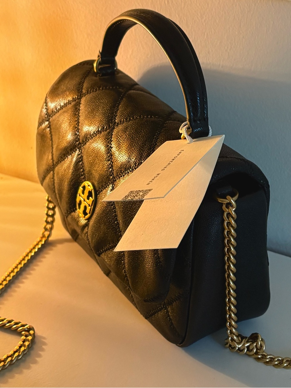 Tory Burch Black Quilted Crossbody with Gold Chain Strap